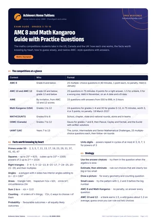First page of the free AMC 8 and Math Kangaroo Guide with Practice Questions PDF