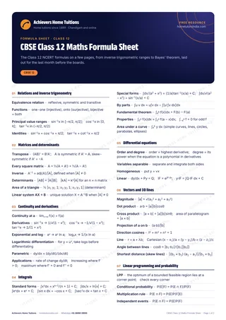 First page of the free CBSE Class 12 Maths Formula Sheet PDF