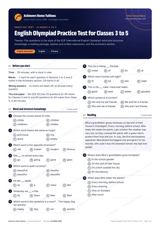First page of the free English Olympiad Practice Test for Classes 3 to 5 PDF