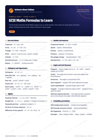 First page of the free GCSE Maths Formulas to Learn PDF