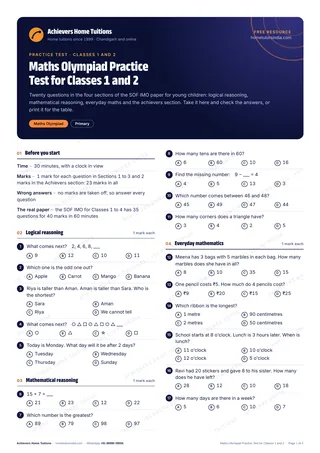 First page of the free Maths Olympiad Practice Test for Classes 1 and 2 PDF