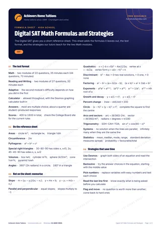 First page of the free Digital SAT Math Formulas and Strategies PDF