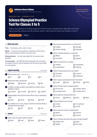 First page of the free Science Olympiad Practice Test for Classes 3 to 5 PDF