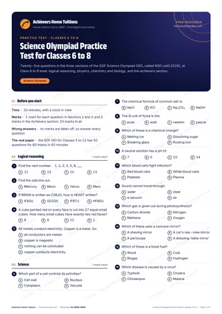 First page of the free Science Olympiad Practice Test for Classes 6 to 8 PDF